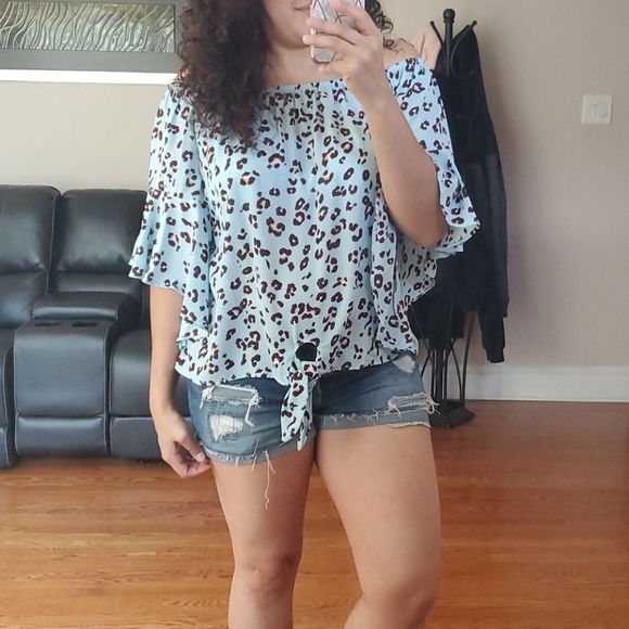 Light Blue Animal Print Blouse - Picture 6 of 7